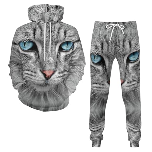 Zelbuck Unisex Katze Drucken Trainingsanzug Set Damen Sportanzug Jogginganzug Langarm Rundhals Pullover Sweatshirt + Kordelzug Sporthosen Zweiteilige Casual 2 Teilig Freizeitanzug Set (Katze4,2XL) von Zelbuck