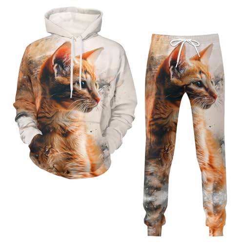 Zelbuck Unisex Katze Drucken Trainingsanzug Set Damen Sportanzug Jogginganzug Langarm Rundhals Pullover Sweatshirt + Kordelzug Sporthosen Zweiteilige Casual 2 Teilig Freizeitanzug Set (Katze6,M) von Zelbuck
