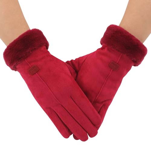 Zeltauto Damen Touchscreen Handschuhe Faux Wildleder Vollfinger mit warmem Plüschfutter, burgunderfarben, One size von Zeltauto