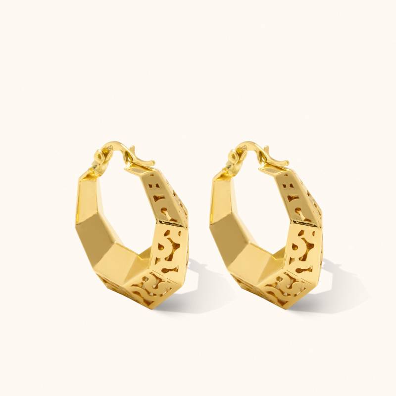 Gemusterte Sechseck Statement Creolen, Feiner Handgemachter Maximalist Schmuck, 14K Solid Gold Eingefasste Coole Ohrringe, Einzigartiges Sommer von ZelvetiJewelry