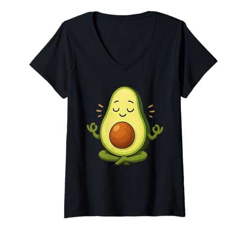 Damen Meditierende Avocado, niedlicher Cartoon T-Shirt mit V-Ausschnitt Damen Meditierende Avocado, niedlicher Cartoon T-Shirt mit V-Ausschnitt von Zen Avocado