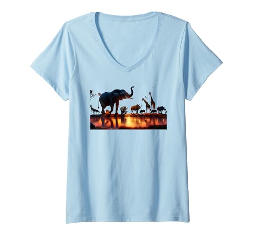 Damen Afrikanischer Sonnenuntergang mit Elefanten, Giraffen und Nashörnern T-Shirt mit V-Ausschnitt Damen Afrikanischer Sonnenuntergang mit Elefanten, Giraffen und Nashörnern T-Shirt mit V-Ausschnitt von Zen Creations