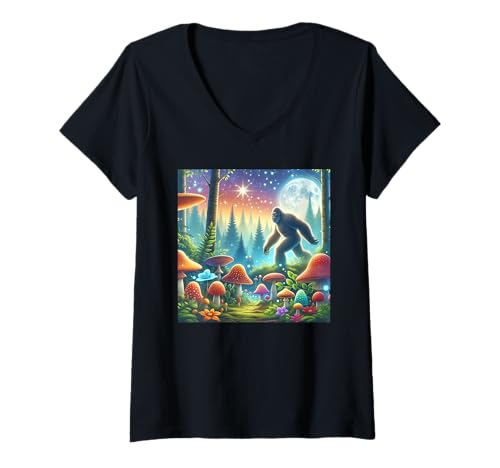 Damen Bigfoot im Pilzfeld T-Shirt mit V-Ausschnitt Damen Bigfoot im Pilzfeld T-Shirt mit V-Ausschnitt von Zen Creations