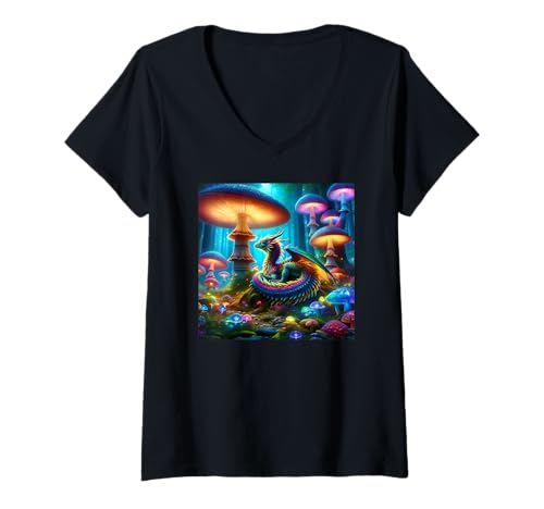 Damen Drache im Pilzwald T-Shirt mit V-Ausschnitt Damen Drache im Pilzwald T-Shirt mit V-Ausschnitt von Zen Creations