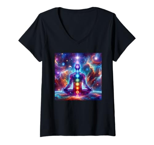 Damen Heilige Chakren T-Shirt mit V-Ausschnitt von Zen Creations