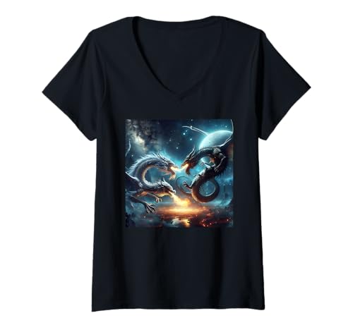 Damen Kämpfende Drachen T-Shirt mit V-Ausschnitt Damen Kämpfende Drachen T-Shirt mit V-Ausschnitt von Zen Creations