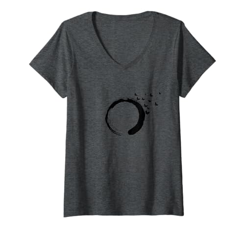 Damen Zen-Kreis-T-Shirt mit Schmetterlingen, die nach dem Himmel greifen T-Shirt mit V-Ausschnitt Damen Zen-Kreis-T-Shirt mit Schmetterlingen, die nach dem Himmel greifen T-Shirt mit V-Ausschnitt von Zen Enso Circle TShirts Store