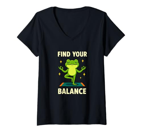 Damen Find Your Balance Lustiges Frosch Yoga Zitat T-Shirt mit V-Ausschnitt von Zen Frog Yoga and Meditation Style