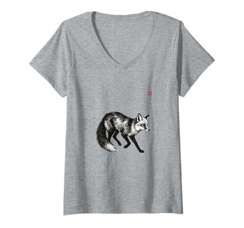 Damen Japanische Sumi-e Collection Ink Wash Wildlife Art Ezo Red Fox T-Shirt mit V-Ausschnitt Damen Japanische Sumi-e Collection Ink Wash Wildlife Art Ezo Red Fox T-Shirt mit V-Ausschnitt von Zen Ink Creations