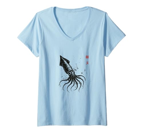 Damen Japanische Sumi-e-Kollektion, Tintenwasch-Wildtier-Kunst, Tintenfisch T-Shirt mit V-Ausschnitt Damen Japanische Sumi-e-Kollektion, Tintenwasch-Wildtier-Kunst, Tintenfisch T-Shirt mit V-Ausschnitt von Zen Ink Creations