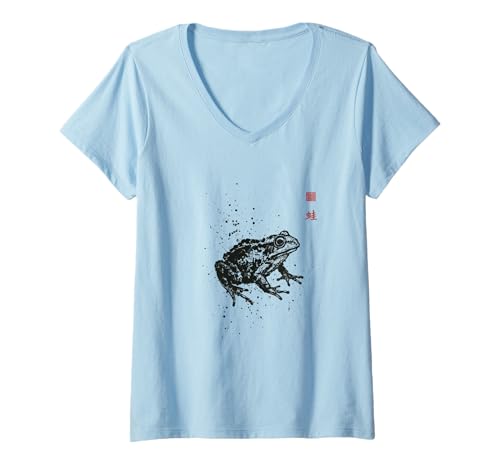 Damen Japanische Sumi-e-Kollektion, Tintenwaschung, Wildtier-Kunst, Baumfrosch T-Shirt mit V-Ausschnitt Damen Japanische Sumi-e-Kollektion, Tintenwaschung, Wildtier-Kunst, Baumfrosch T-Shirt mit V-Ausschnitt von Zen Ink Creations