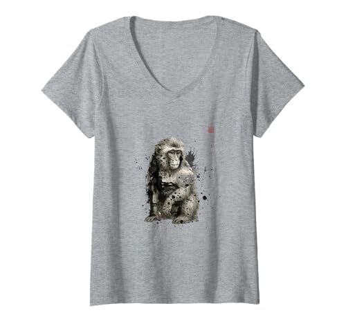 Damen Japanische Sumi-e-Kollektion, Tintenwaschung, Wildtier-Kunst, Makake T-Shirt mit V-Ausschnitt Damen Japanische Sumi-e-Kollektion, Tintenwaschung, Wildtier-Kunst, Makake T-Shirt mit V-Ausschnitt von Zen Ink Creations
