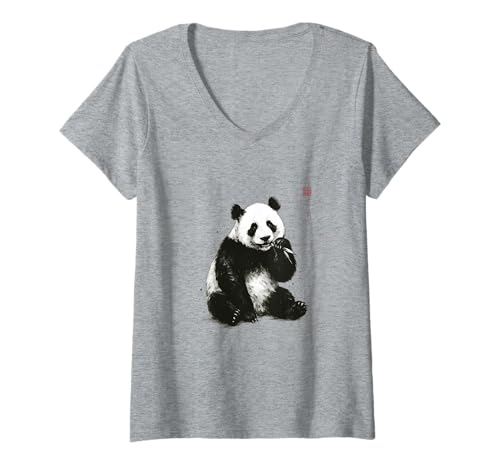 Damen Japanische Sumi-e-Kollektion, Tintenwaschung, Wildtier-Kunst, Panda T-Shirt mit V-Ausschnitt Damen Japanische Sumi-e-Kollektion, Tintenwaschung, Wildtier-Kunst, Panda T-Shirt mit V-Ausschnitt von Zen Ink Creations