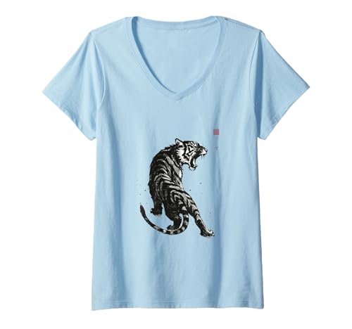 Damen Japanische Sumi-e-Kollektion, Tintenwaschung, Wildtier-Kunst, Tiger T-Shirt mit V-Ausschnitt Damen Japanische Sumi-e-Kollektion, Tintenwaschung, Wildtier-Kunst, Tiger T-Shirt mit V-Ausschnitt von Zen Ink Creations