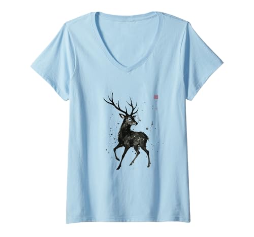 Damen Japanische Sumi-e-Kollektion, Tintenwaschung Wildlife Art Sika Hirsch T-Shirt mit V-Ausschnitt Damen Japanische Sumi-e-Kollektion, Tintenwaschung Wildlife Art Sika Hirsch T-Shirt mit V-Ausschnitt von Zen Ink Creations