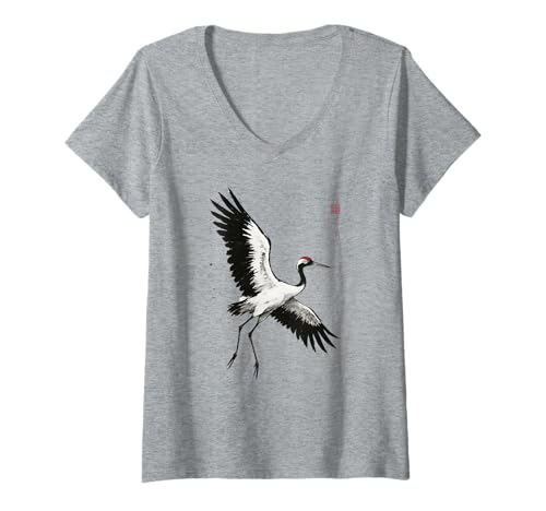 Damen Japanische Sumi-e-Kunst, Tintenwaschung Wildlife Red Crowned Crane T-Shirt mit V-Ausschnitt Damen Japanische Sumi-e-Kunst, Tintenwaschung Wildlife Red Crowned Crane T-Shirt mit V-Ausschnitt von Zen Ink Creations