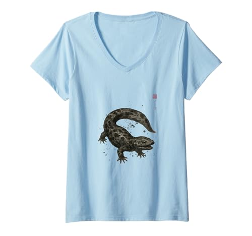 Damen Japanische Sumi-e Tintenwaschung Wildlife Art Giant Salmander T-Shirt mit V-Ausschnitt Damen Japanische Sumi-e Tintenwaschung Wildlife Art Giant Salmander T-Shirt mit V-Ausschnitt von Zen Ink Creations