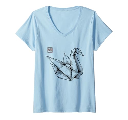 Damen Origami Schwan mit Hoffnung Kanji Stempel T-Shirt mit V-Ausschnitt Damen Origami Schwan mit Hoffnung Kanji Stempel T-Shirt mit V-Ausschnitt von Zen Ink Kreationen