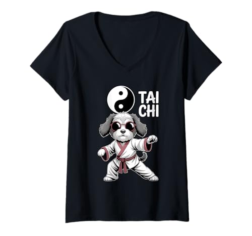 Damen Lustiger Tai Chi Hund Kampfsport Yin Yang Cool Puppy Pose T-Shirt mit V-Ausschnitt Damen Lustiger Tai Chi Hund Kampfsport Yin Yang Cool Puppy Pose T-Shirt mit V-Ausschnitt von Zen Pup Dojo Tai Chi Dog Martial Arts