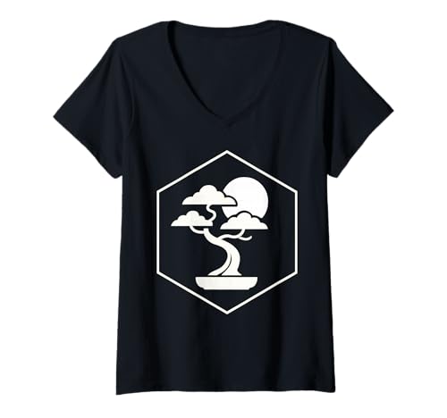 Damen Bonsai-Baum mit Mond im Sechseck T-Shirt mit V-Ausschnitt von Zen Roots
