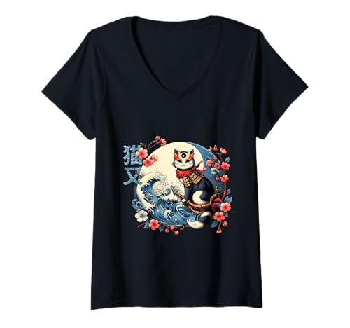 Damen Japanische Katzenfolklore im Retro Sakura Baum Design Zen T-Shirt mit V-Ausschnitt Damen Japanische Katzenfolklore im Retro Sakura Baum Design Zen T-Shirt mit V-Ausschnitt von Zen Sakura Design