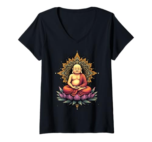 Damen Meditierender Buddha, spirituelle Kunst, Vintage-Stil, Yoga T-Shirt mit V-Ausschnitt Damen Meditierender Buddha, spirituelle Kunst, Vintage-Stil, Yoga T-Shirt mit V-Ausschnitt von Zen Spirit Meditation Art Design for Peace Seekers