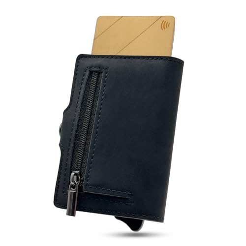 Slim Wallet mit Münzfach und Kreditkartenetui mit RFID-Schutz - Geldbeutel für Herren - Aluminium-Kartenhalter- Smart Wallet für Karten, Geldscheine & Münzen (Schwarz) von Zen Wallets