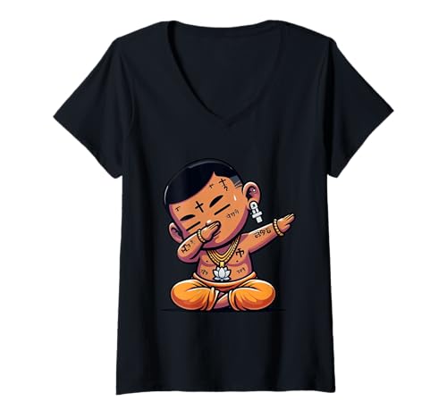 Damen Tätowierte meditierender Buddha in Lotus Pose T-Shirt mit V-Ausschnitt von Zen trifft Tinte