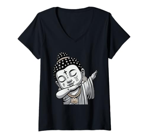 Damen Tätowierter meditierender Buddha in Lotus posiert T-Shirt mit V-Ausschnitt Damen Tätowierter meditierender Buddha in Lotus posiert T-Shirt mit V-Ausschnitt von Zen trifft Tinte