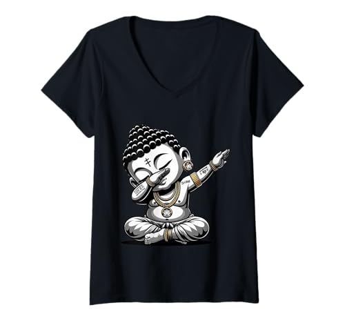 Damen Tätowierter meditierender Buddha in Lotus posiert T-Shirt mit V-Ausschnitt Damen Tätowierter meditierender Buddha in Lotus posiert T-Shirt mit V-Ausschnitt von Zen trifft Tinte