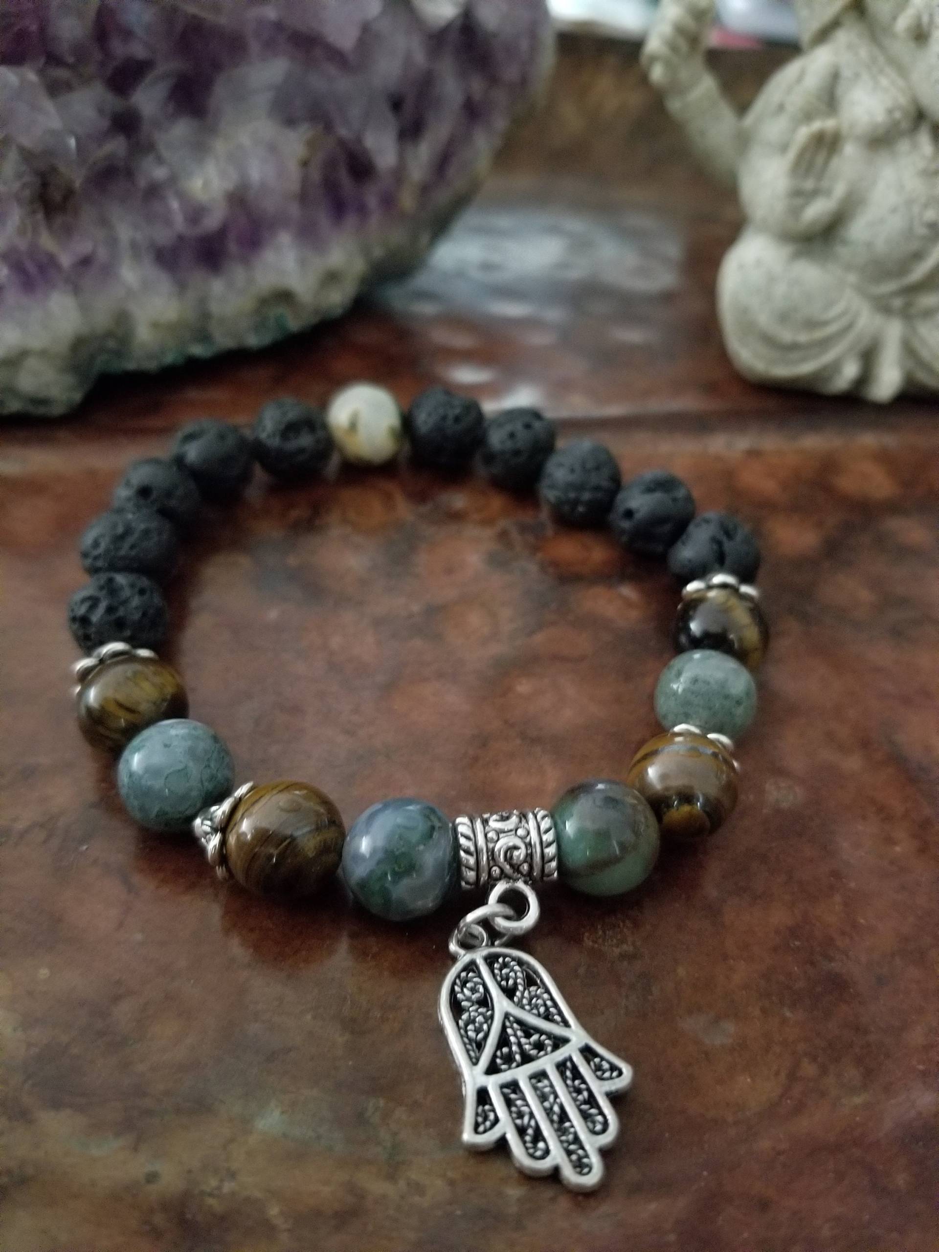 Tigerauge Und Ozean Jaspis Armband Mit Fatima Charme Tigerauge Und Ozean Jaspis Armband Mit Fatima Charme von ZenBabe