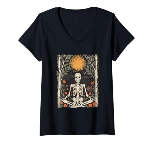 Damen Skelett meditiert unter Sonne in der Natur Spiritueller Wald T-Shirt mit V-Ausschnitt Damen Skelett meditiert unter Sonne in der Natur Spiritueller Wald T-Shirt mit V-Ausschnitt von ZenBones