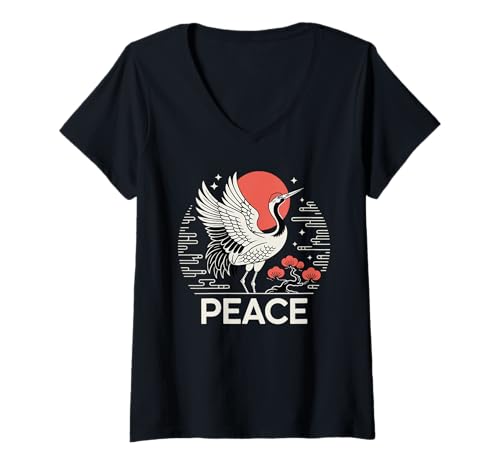 Damen Peaceful Crane Serenity Japanische Vogelharmonie Zen T-Shirt mit V-Ausschnitt Damen Peaceful Crane Serenity Japanische Vogelharmonie Zen T-Shirt mit V-Ausschnitt von ZenCrane