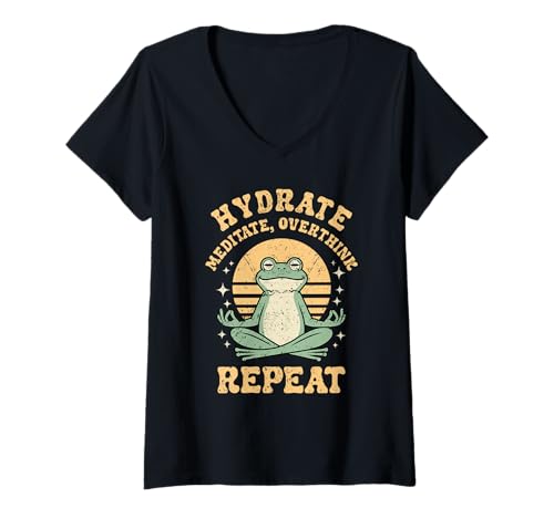 Damen Hydrate Meditate Overthink Repeat Retro Yoga Frosch T-Shirt mit V-Ausschnitt Damen Hydrate Meditate Overthink Repeat Retro Yoga Frosch T-Shirt mit V-Ausschnitt von ZenFrog