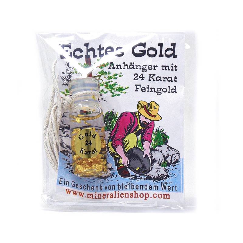 Gold Anhänger Mit 24 Karat Feingold in Füssigkeit, Baumwollband, Glasflasche, Tüte Gold Anhänger Mit 24 Karat Feingold in Füssigkeit, Baumwollband, Glasflasche, Tüte von ZenMineralien
