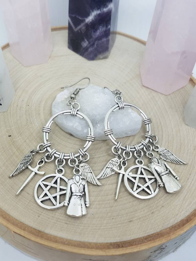 Supernatural Ohrringe Castiel, Engelblatt, Pentagramm - Silberanhänger Supernatural Ohrringe Castiel, Engelblatt, Pentagramm - Silberanhänger von ZenSationalGifts