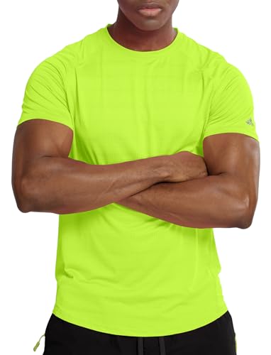 Herren Workout-Shirt, schnell trocknend, kurze Ärmel, athletische Passform, Laufen, Fitnessstudio, Neongrün (massiv), L von Zengjo