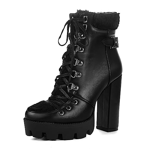 ZeniRuec Plateau Stiefeletten Damen Schnürstiefel Mit Absatz Platform Kampfstiefel Blockabsatz Ankle Boots High Heel Winterstiefel Kurzschaft Stiefel Schwarz 39 von ZeniRuec