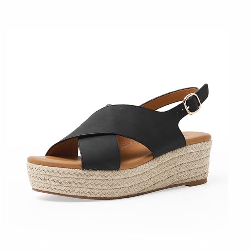 Zenithia Damen-Espadrilles-Keilsandalen für Damen,Sommer,offener Zehenbereich,Slingback-Plattform,Crossover-Sandalen von Zenithia