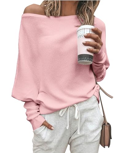 Zenlonr Damen Herbst Pullover 2023 Casual Lange Fledermausärmel Lose Schulterfrei Strickpullover Pullover Tops, Solid Pink, Klein von Zenlonr