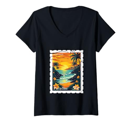 Damen Paradiesstempel Sonnenuntergang Tropischer Strand Urlaub Vintage T-Shirt mit V-Ausschnitt Damen Paradiesstempel Sonnenuntergang Tropischer Strand Urlaub Vintage T-Shirt mit V-Ausschnitt von Zenzeo