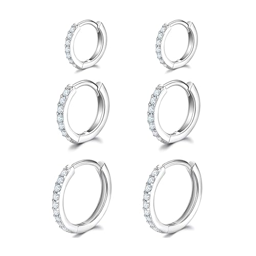 Zephome Silberne Creolen Earrings Damen, 3 Paar Ohrringe Set 8mm 10mm 12mm, Zirkonia Ohrstecker Piercing Ohr Helix Medizinische Ohrringe Elegant Für Frauen Mädchen Alltag Party von Zephome