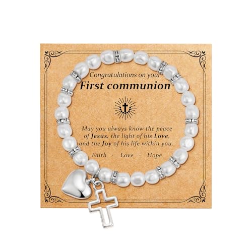 ZephyrHome Armband Erstkommunion Mädchen mit Kreuzanhänger Perlenarmband Kommunion Armband Mädchen religiöser Schmuck zur Kommunion Mädchen Geschenk Erstkommunion Mädchen Christliches Glaube von ZephyrHome