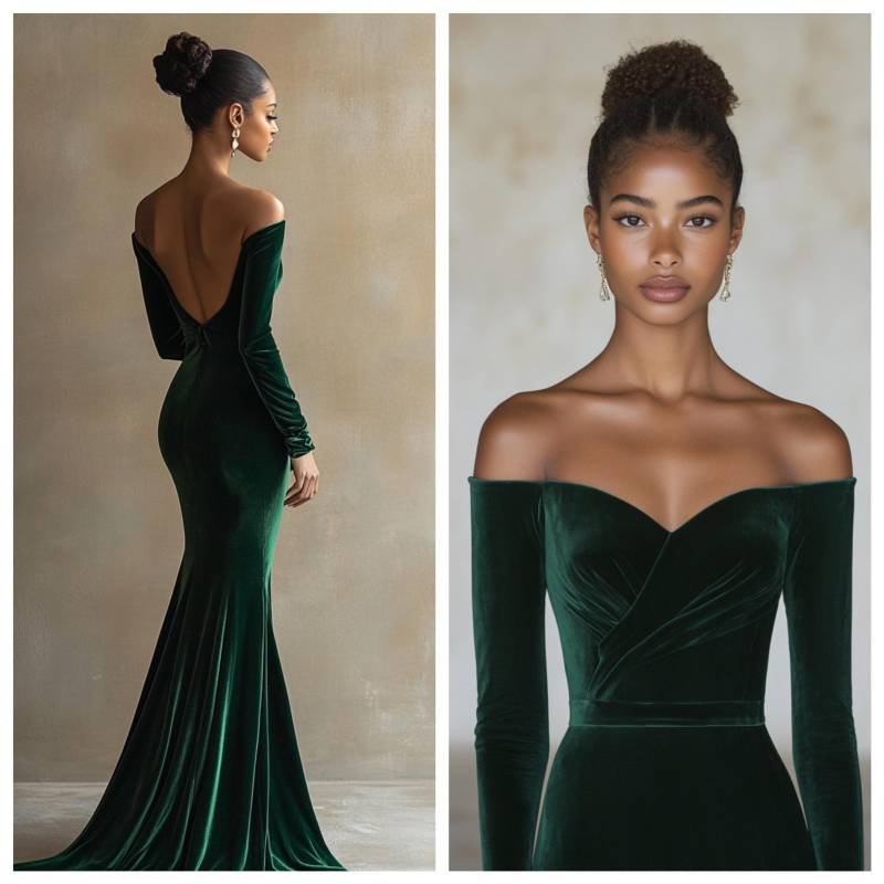 Smaragdgrünes Samt-Abend-Kleid, Schulterfreies Maßgefertigtes Kleid, Elegantes Langärmeliges Formelles Kleid Für Besondere Anlässe | 241112A von ZephyraStyle