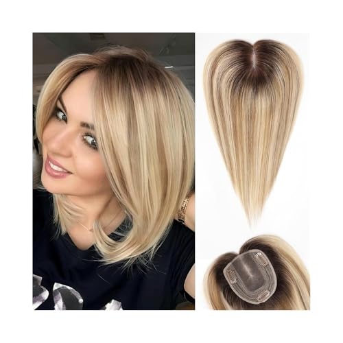 Natural Looking Hairpiece for Women, Glattes Haarteil for Damen, Echthaarteil mit braunen Wurzeln und Ombre-Blond, 10 x 12 cm, Remy-Haarteil mit Seidenbasis for dünner werdendes Haar oder Haarausfall von Zephyria