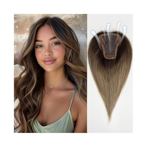 Natural Looking Hairpiece for Women, Ombre-Haarteile in Braun ohne Pony, handgebundenes Echthaarteil, 8,9 x 10,2 cm, Basis aus Seidenspitze, for Anklipsen, glatte Haarteile for Frauen mit dünner werde von Zephyria