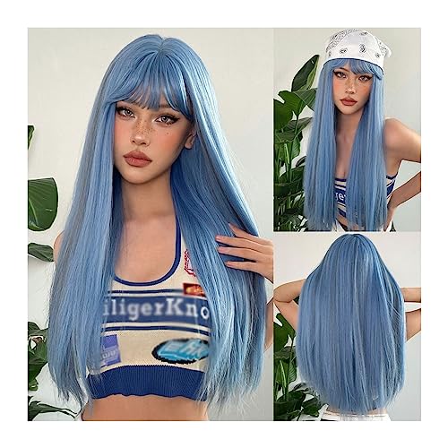 Natural Looking & Comfortable | Long Lasting Quali Blaue Highlight-Cosplay-Kunsthaar-Perücken, lange, gerade, bunte Halloween-Perücke mit Pony for Frauen, Afro, hitzebeständig transform Your Look with von Zephyria