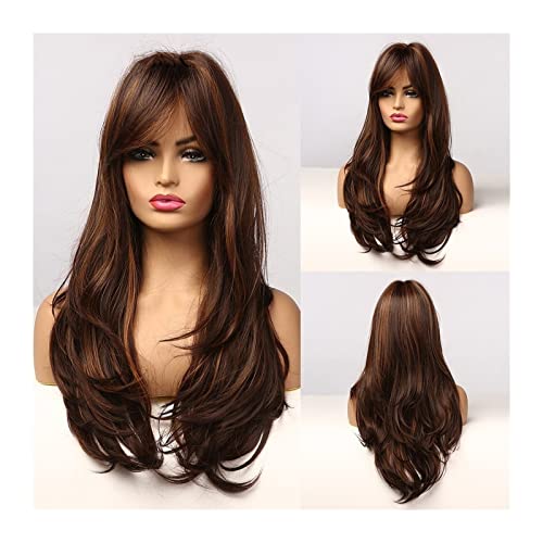 Natural Looking & Comfortable | Long Lasting Quali Braun gemischte blonde Highlights Perücken for Frauen lange gewellte lockige Perücke mit Pony natürlich aussehende hitzebeständige Kunstfaserperücken von Zephyria