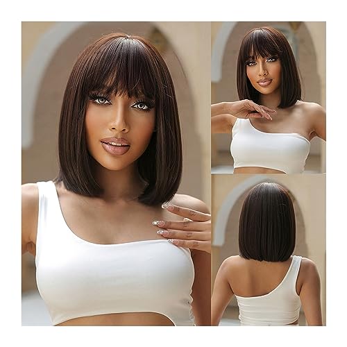 Natural Looking & Comfortable | Long Lasting Quali Dunkelbraune kurze Bob-Kunsthaar-Perücken mit Pony, gerade Cosplay-Lolita-natürliche Perücke for Frauen, Afro, stumpfer Schnitt, hitzebeständig trans von Zephyria