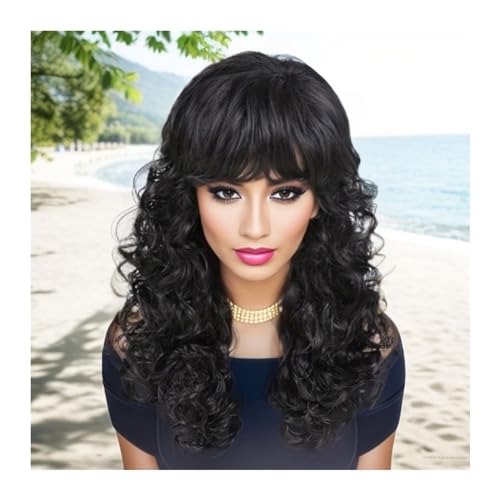 Natural Looking & Comfortable | Long Lasting Quali Lässige natürliche Perücke for Damen, for den täglichen Gebrauch, Highlight-Kunsthaar-Mix, braune Perücke mit Pony, langes lockiges Haar, Ersatzperüc von Zephyria